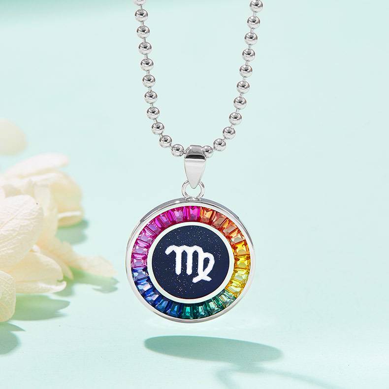 处女座彩虹色合成宝石星座NecklaceS925银镀白金