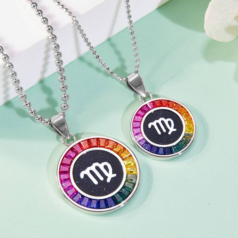 处女座彩虹色合成宝石星座NecklaceS925银镀白金