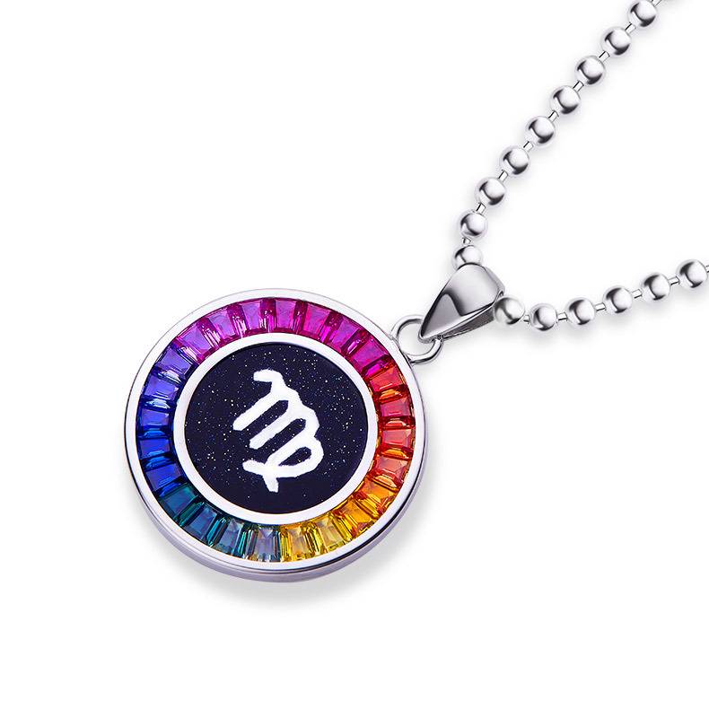 处女座彩虹色合成宝石星座NecklaceS925银镀白金