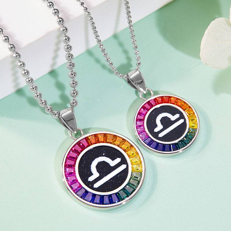 天秤座彩虹色合成宝石星座NecklaceS925银镀白金