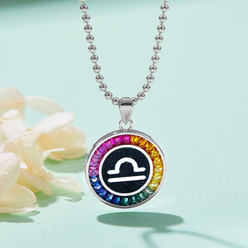 天秤座彩虹色合成宝石星座NecklaceS925银镀白金