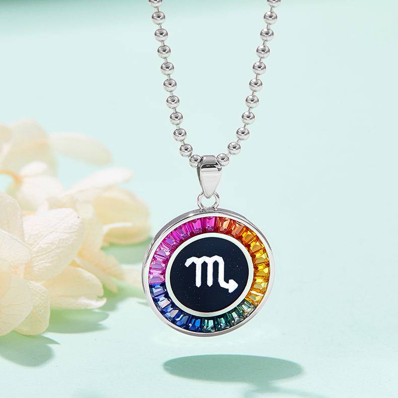 天蝎座彩虹色合成宝石星座NecklaceS925银镀白金