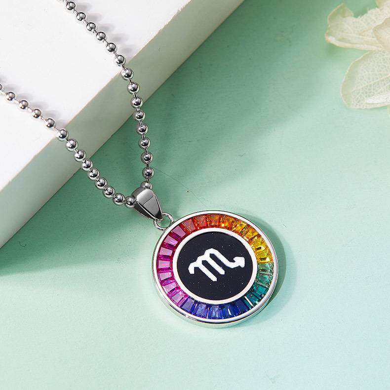 天蝎座彩虹色合成宝石星座NecklaceS925银镀白金