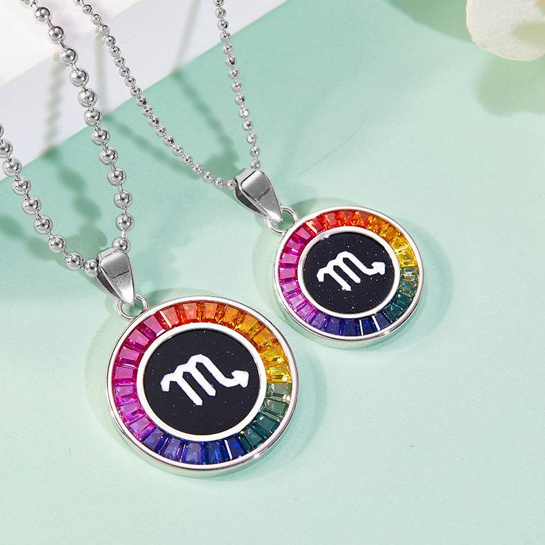 天蝎座彩虹色合成宝石星座NecklaceS925银镀白金