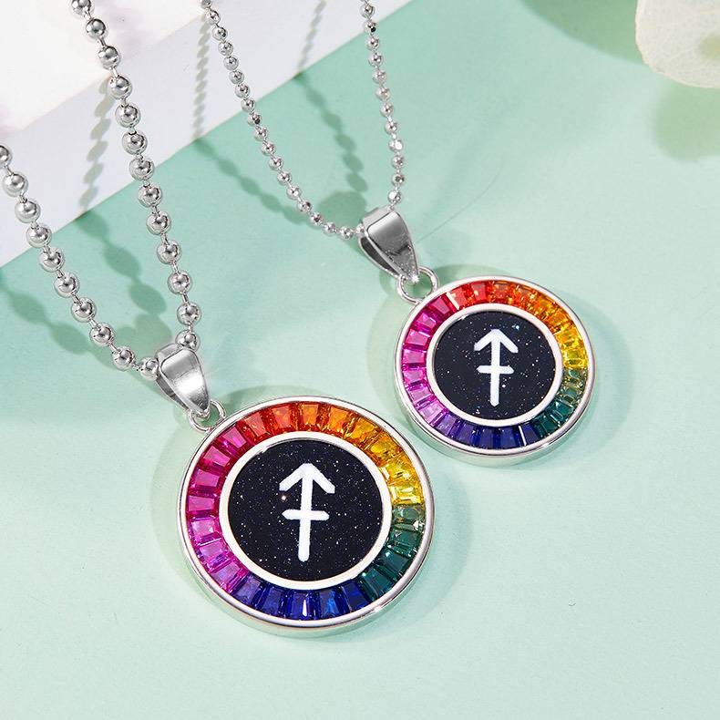 射手座彩虹色合成宝石星座NecklaceS925银镀白金