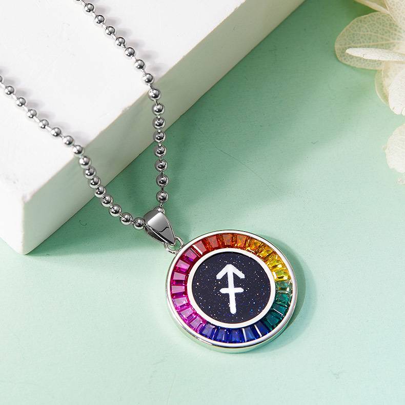 射手座彩虹色合成宝石星座NecklaceS925银镀白金