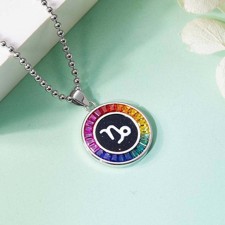 魔蝎座彩虹色合成宝石星座NecklaceS925银镀白金