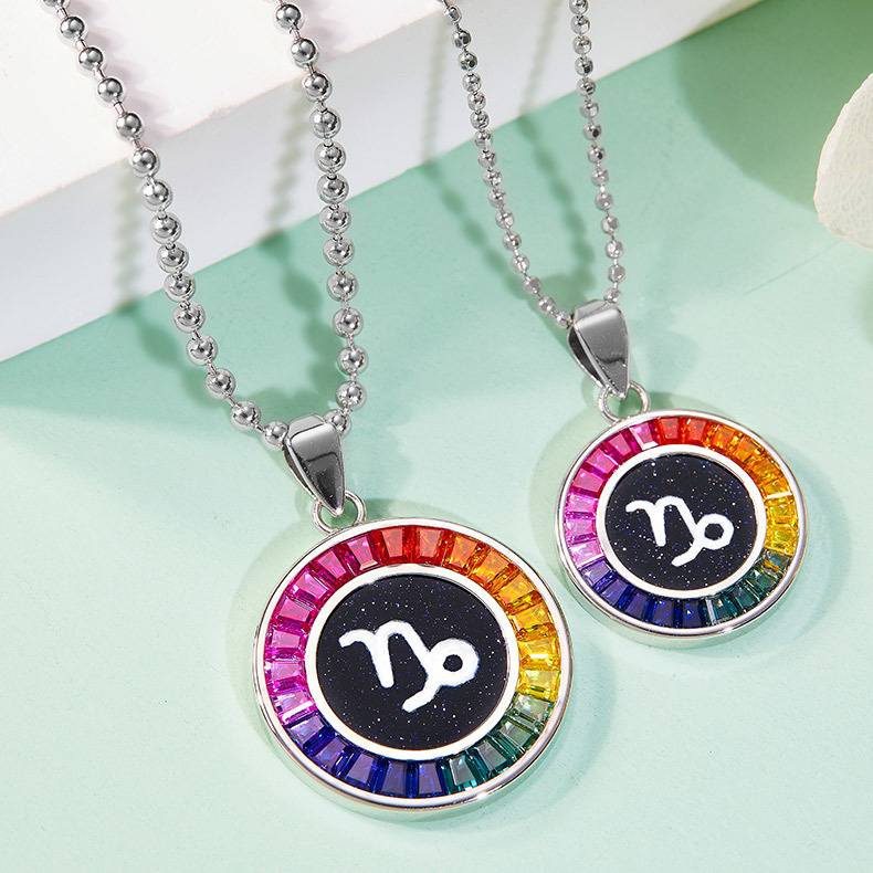 魔蝎座彩虹色合成宝石星座NecklaceS925银镀白金