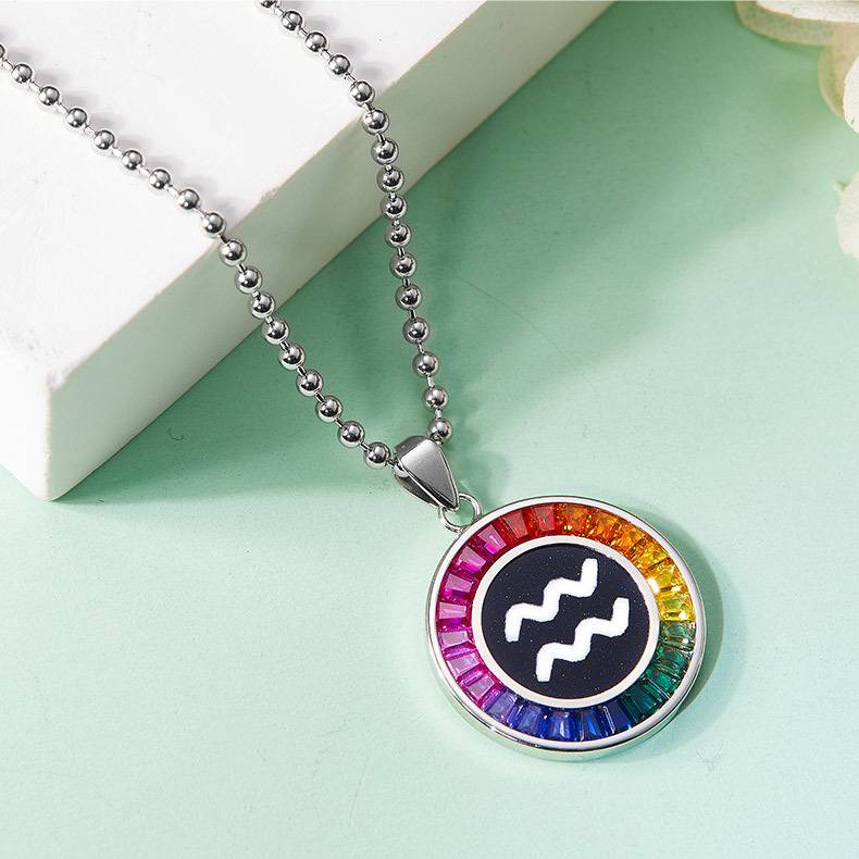 水瓶座彩虹色合成宝石星座NecklaceS925银镀白金