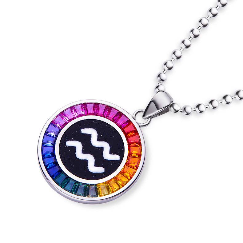 水瓶座彩虹色合成宝石星座NecklaceS925银镀白金