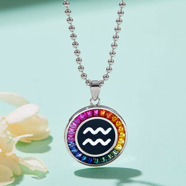 水瓶座彩虹色合成宝石星座NecklaceS925银镀白金
