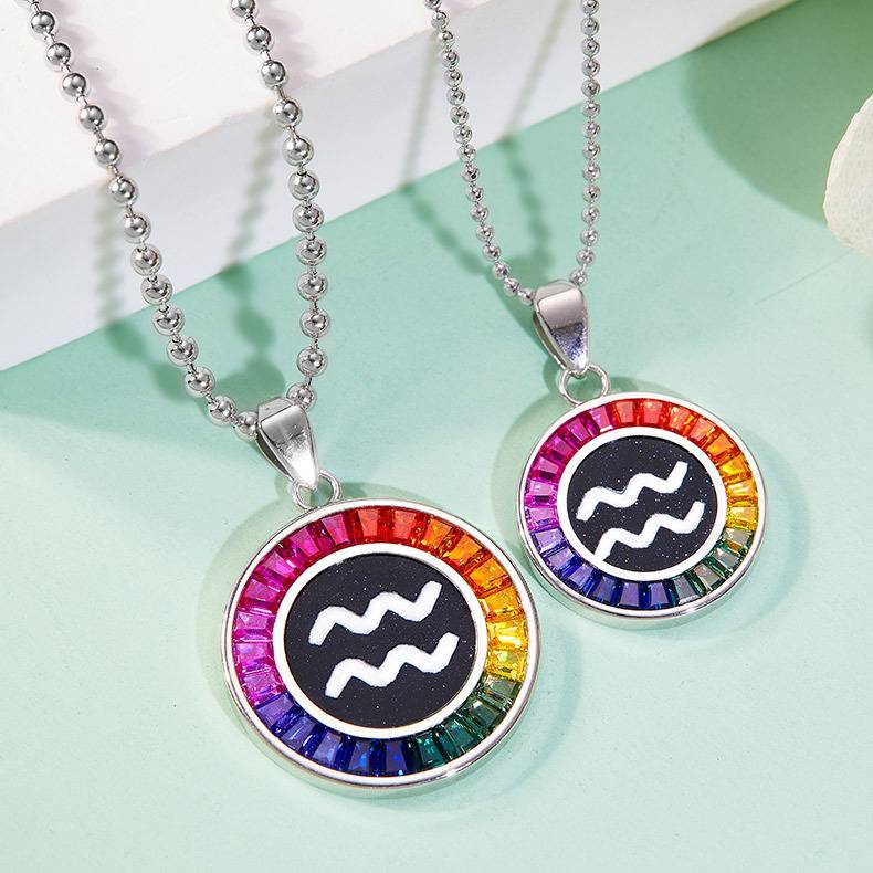 水瓶座彩虹色合成宝石星座NecklaceS925银镀白金