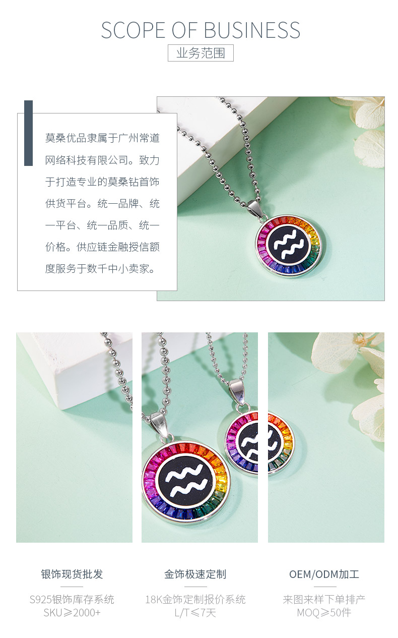 水瓶座彩虹色合成宝石星座项链S925银镀白金 - 3