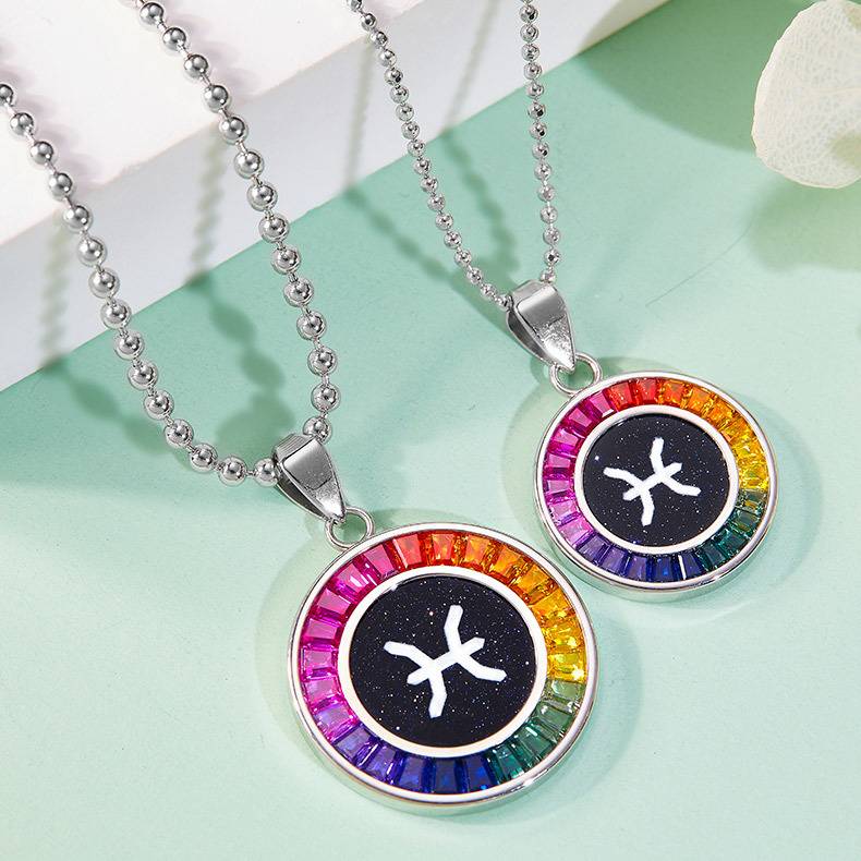 双鱼座彩虹色合成宝石星座NecklaceS925银镀白金