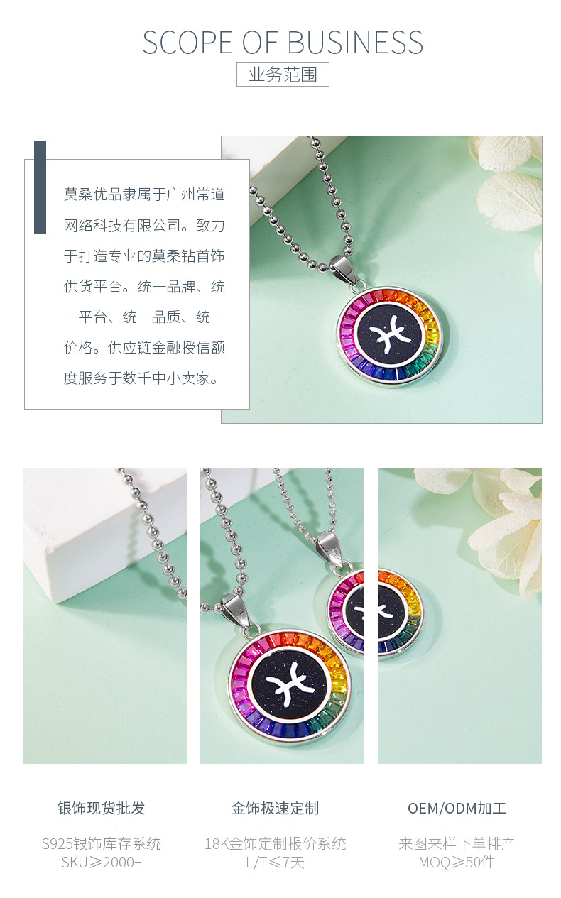 双鱼座彩虹色合成宝石星座项链S925银镀白金 - 3
