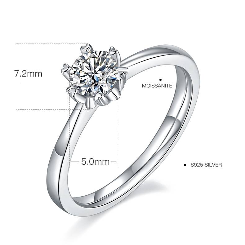 直臂Classic雪花S925银镀白金MoissaniteWomen's Ring50分D级