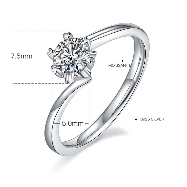 扭臂Classic雪花S925银镀白金MoissaniteWomen's Ring50分D级