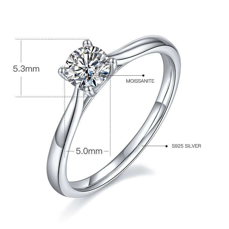 直臂四爪S925银镀白金MoissaniteWomen's Ring50分D级