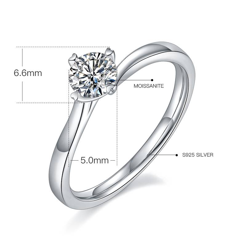 扭臂四爪S925银镀白金MoissaniteWomen's Ring50分D级