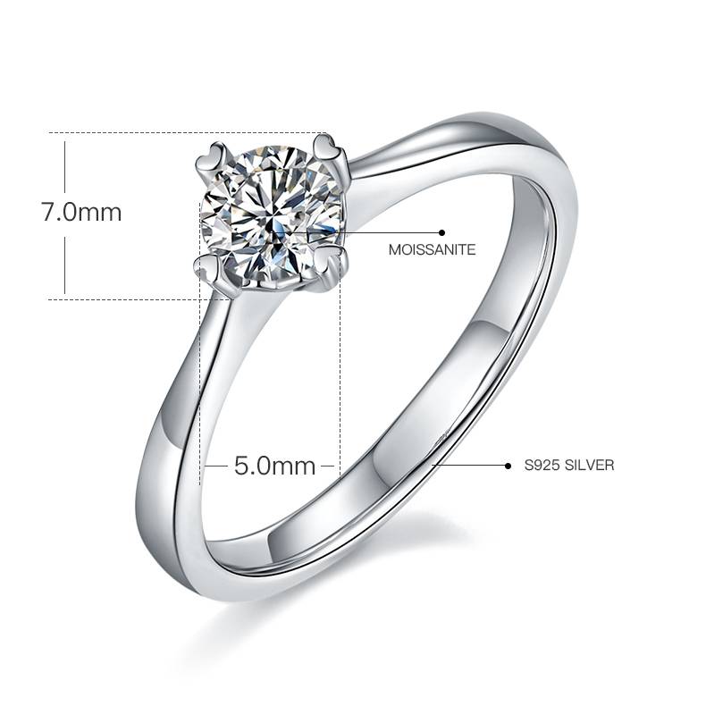 直臂心心相印S925银镀白金MoissaniteWomen's Ring50分D级