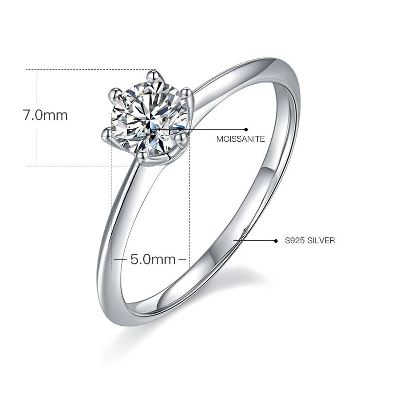 直臂ClassicT家六爪S925银镀白金MoissaniteWomen's Ring50分D级