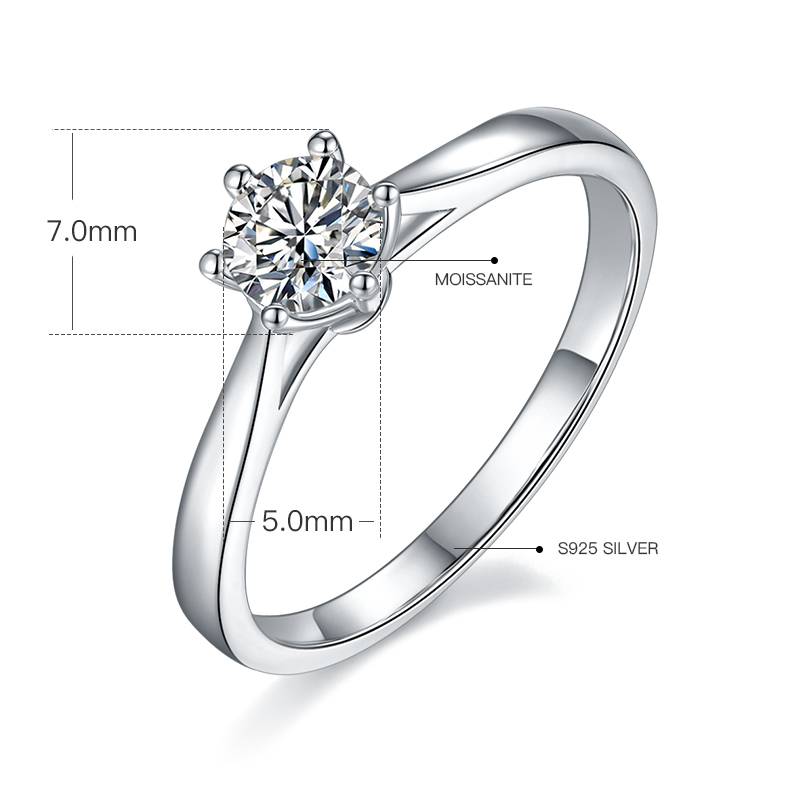 直臂周家六爪S925银镀白金MoissaniteWomen's Ring50分D级