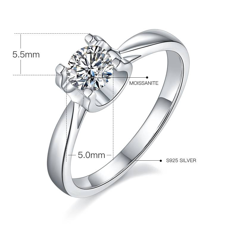 Straight arm sandwich cow head S925 silver plated platinum Moissanite women's ring 50 points D-grade