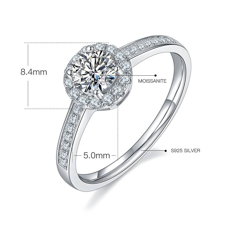 豪镶圆包S925银镀白金MoissaniteWomen's Ring50分D级
