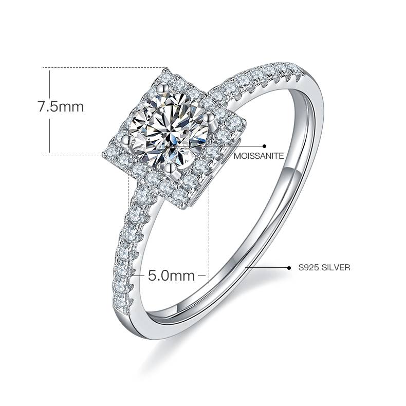 豪镶方包S925银镀白金MoissaniteWomen's Ring50分D级