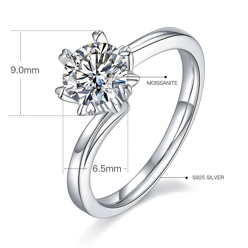 扭臂Classic雪花S925银镀白金MoissaniteWomen's Ring1ctD级