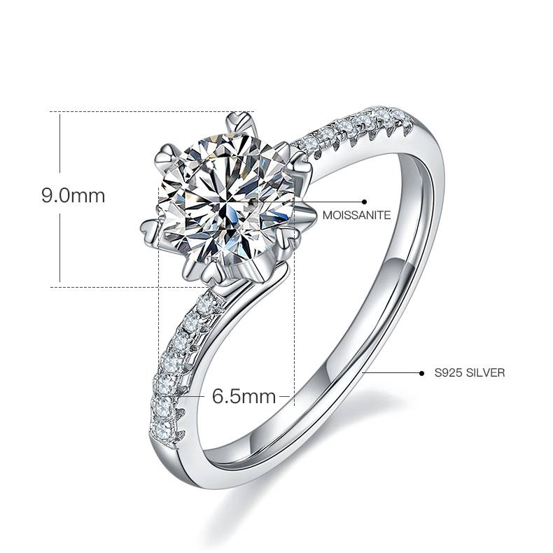Twisted arm micro inlaid snowflake S925 silver plated platinum Moissanite women's ring 1 carat D-grade