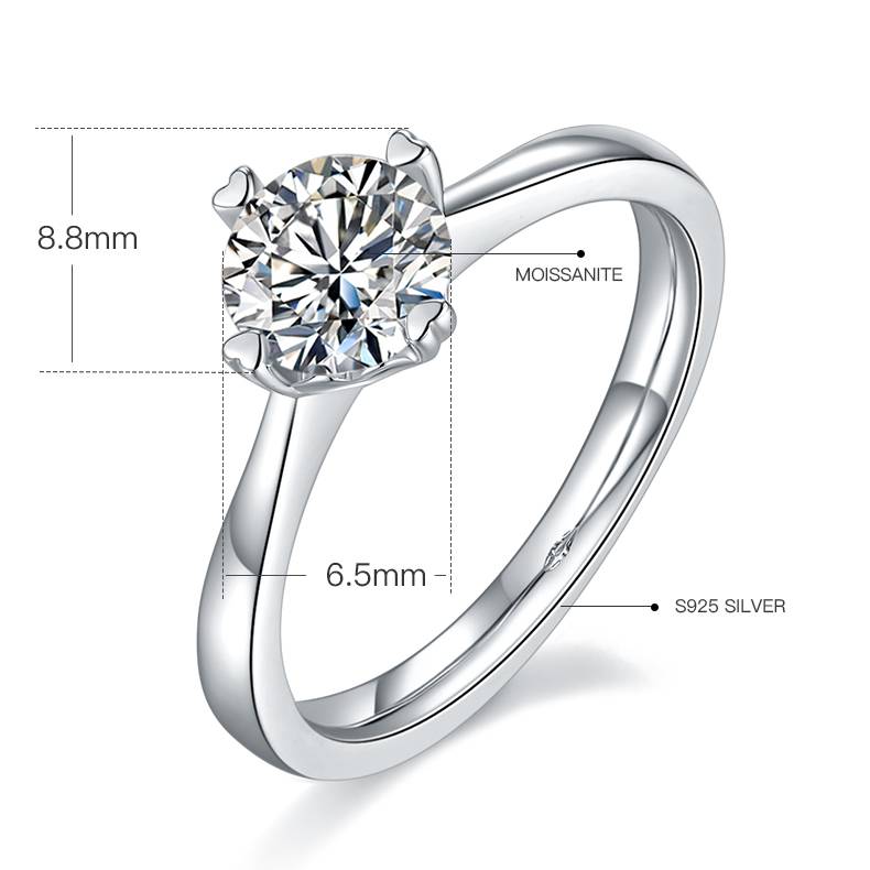 Straight arm classic four claw S925 silver plated platinum Moissanite women's ring 1 carat D-grade