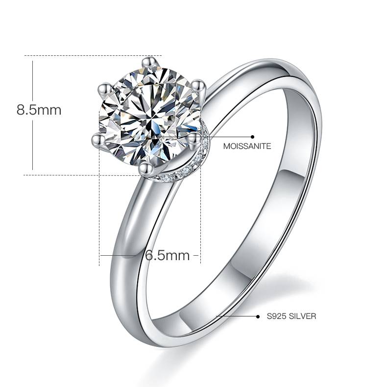 直臂爪镶围脖S925银镀白金MoissaniteWomen's Ring1ctD级