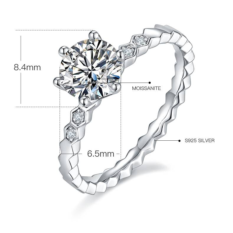 直臂微镶尚美蜂巢S925银镀白金MoissaniteWomen's Ring1ctD级
