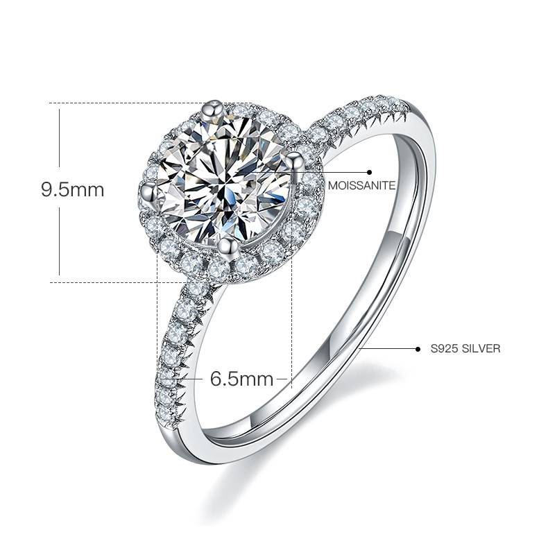 Classic round bag S925 silver plated platinum Moissanite women's ring 1 carat D-grade