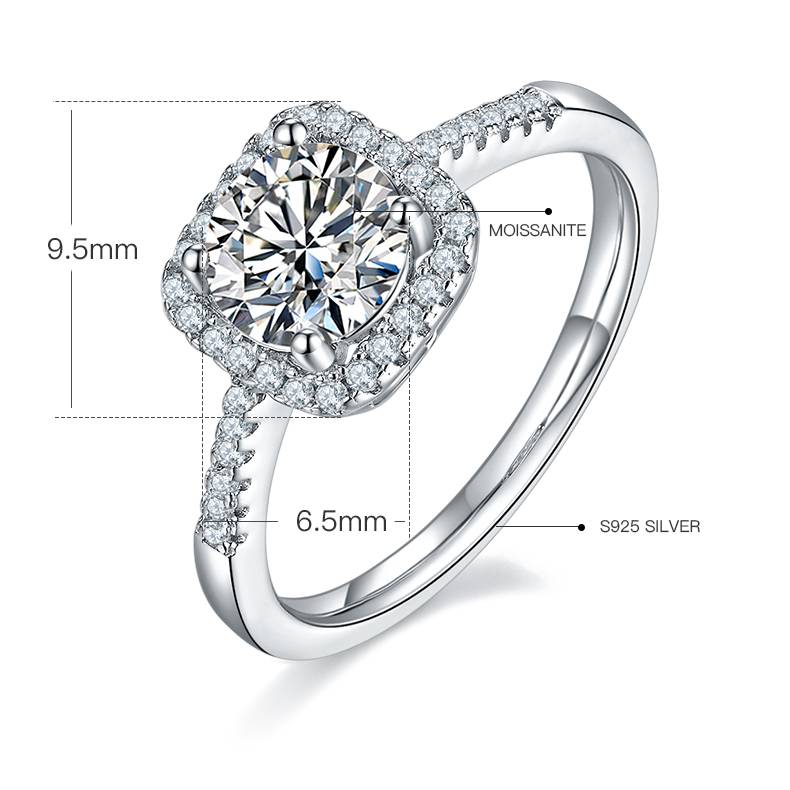 Straight arm luxury square bag S925 silver plated platinum Moissanite women's ring 1 carat D-grade