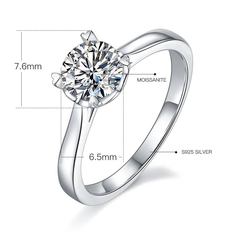 Straight arm heart-shaped cup four claw S925 silver plated platinum Moissanite women's ring 1 carat D-grade