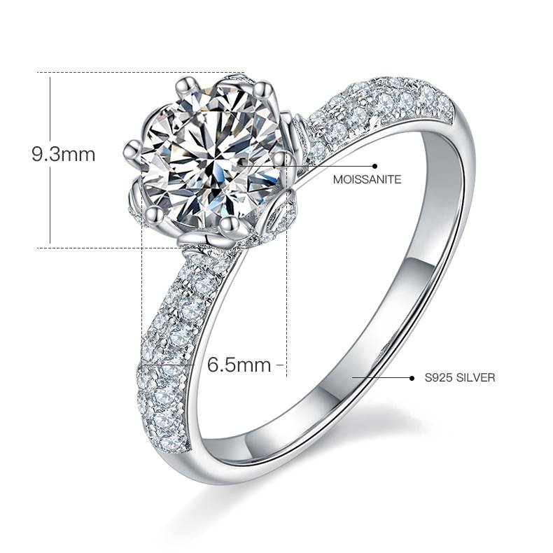 直臂豪镶花神S925银镀白金MoissaniteWomen's Ring1ctD级