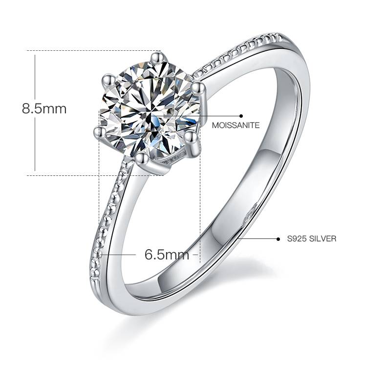 直臂珠边承诺S925银镀白金MoissaniteWomen's Ring1ctD级