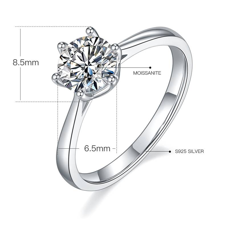 Straight arm new six claw S925 silver plated platinum Moissanite women's ring 1 carat D-grade