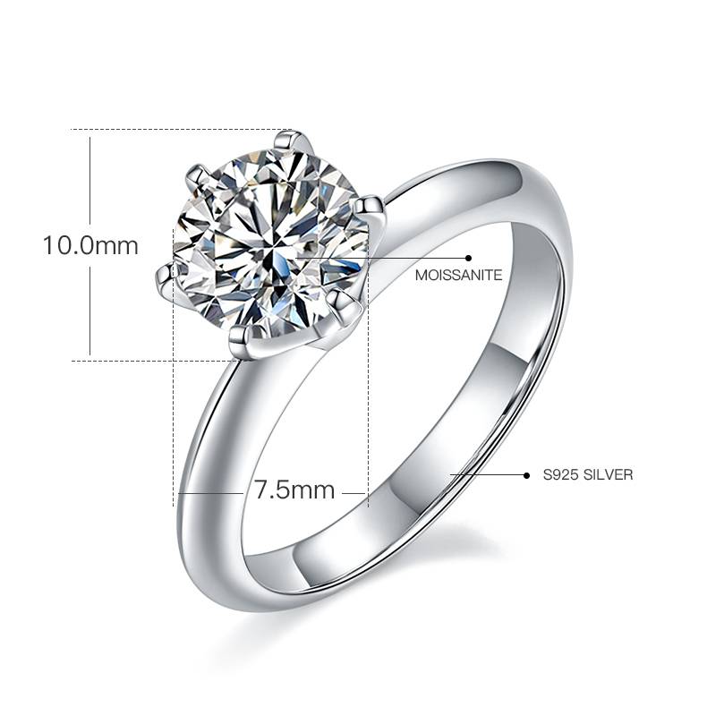 光臂T家六爪S925银镀白金MoissaniteWomen's Ring1.5ctD级