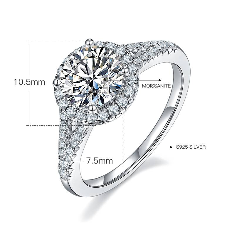 Double arm round bag S925 silver plated platinum moissanite diamond women's ring 1.5 carats D-grade