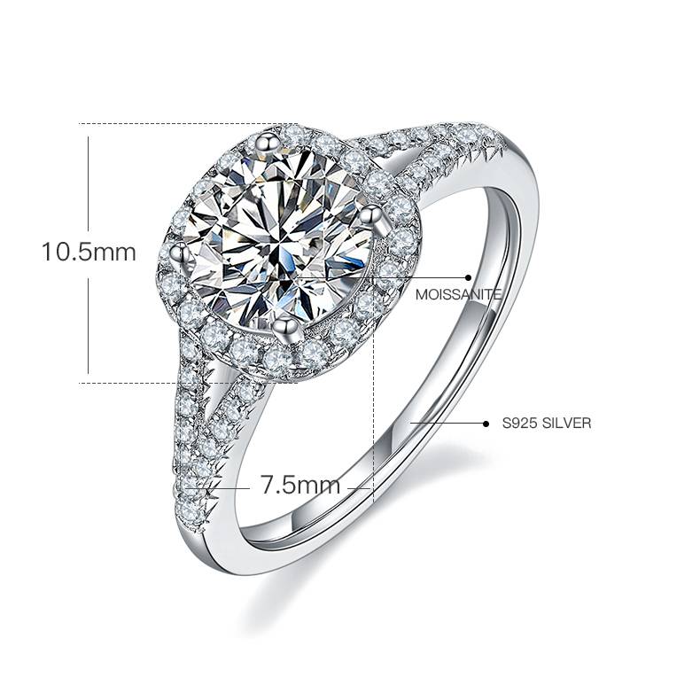 双臂方包S925银镀白金MoissaniteWomen's Ring1.5ctD级