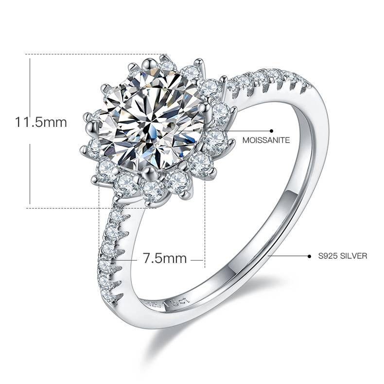 Sunflower S925 Silver Plated Platinum Moissanite Diamond Women's Ring 1.5 Carat D-Class