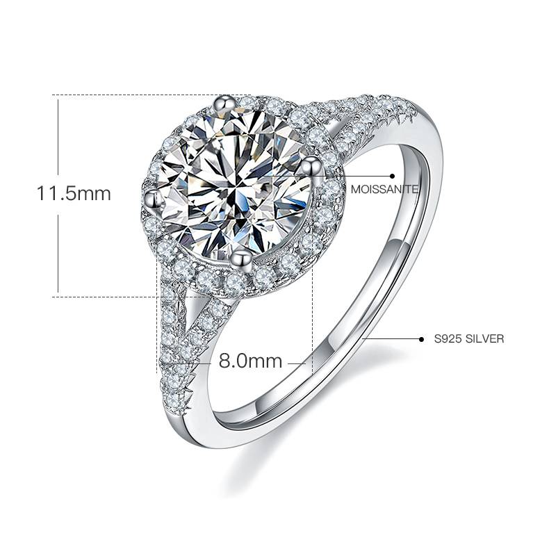 双臂圆包S925银镀白金MoissaniteWomen's Ring2.0ctD级