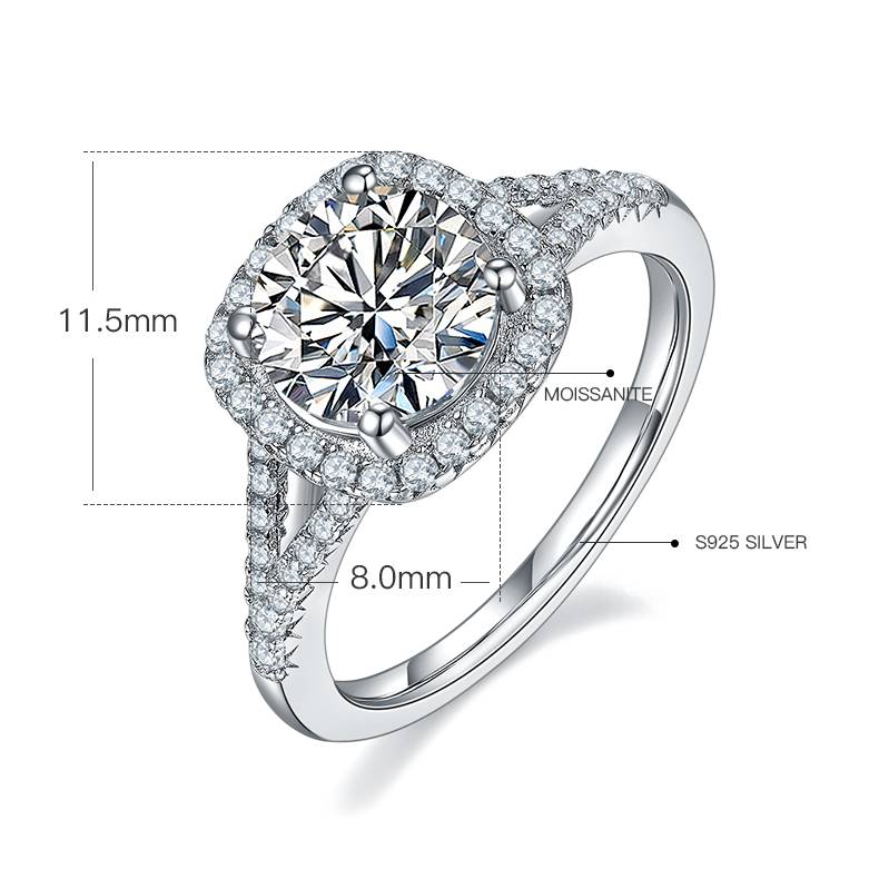 双臂方包S925银镀白金MoissaniteWomen's Ring2.0ctD级