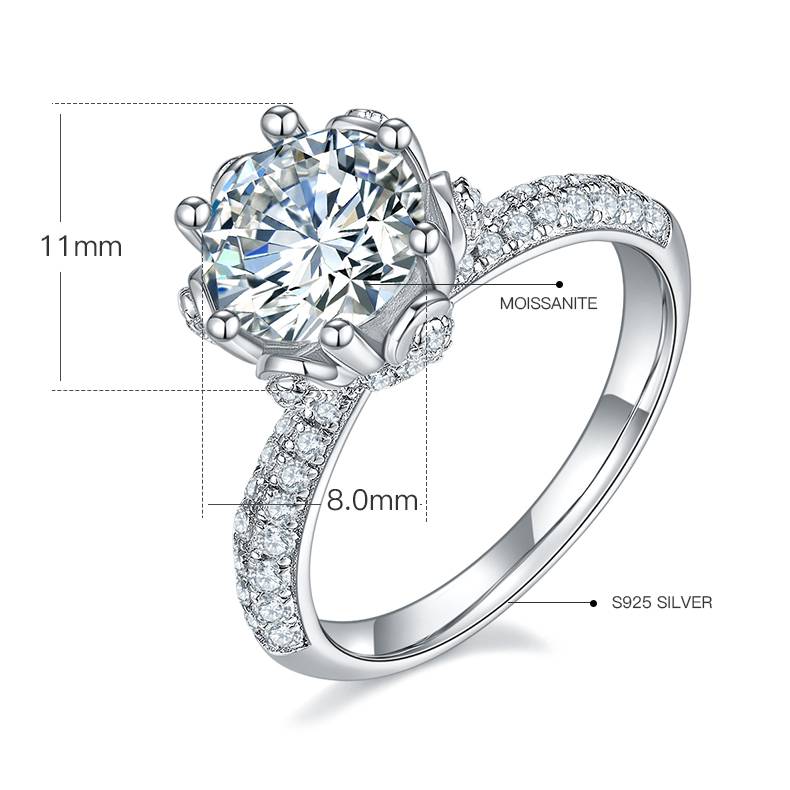 直臂豪镶花神S925银镀白金MoissaniteWomen's Ring2.0ctD级