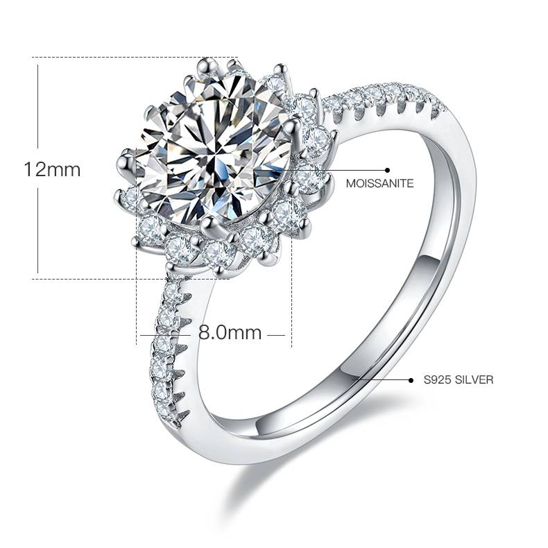 太阳花S925银镀白金MoissaniteWomen's Ring2.0ctD级