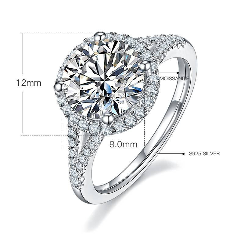 双臂圆包S925银镀白金MoissaniteWomen's Ring3.0ctD级