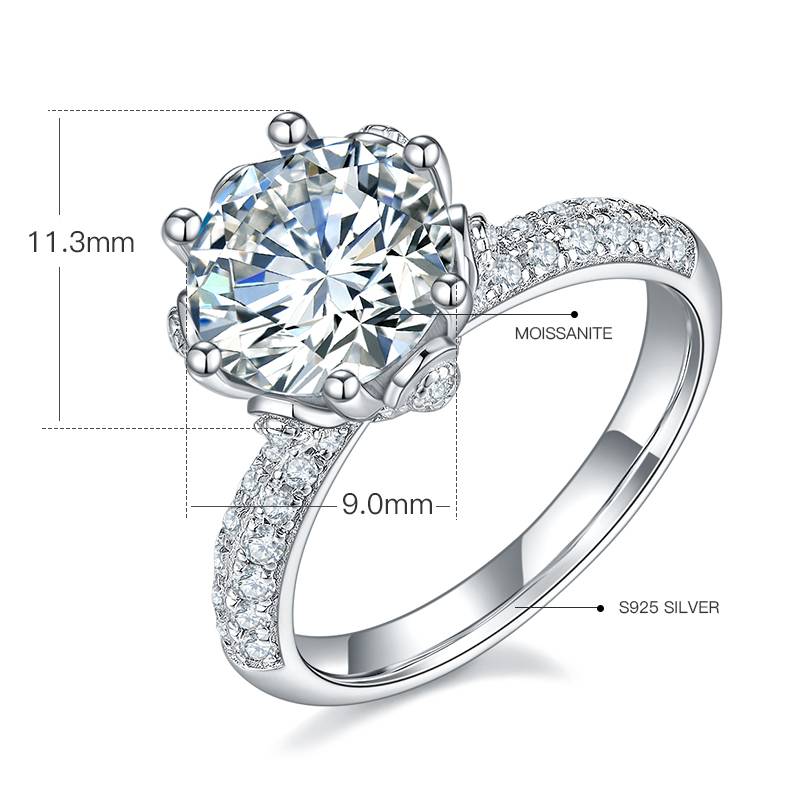Straight arm luxury floral god S925 silver plated white gold moissanite diamond women's ring 3.0 carats D-class